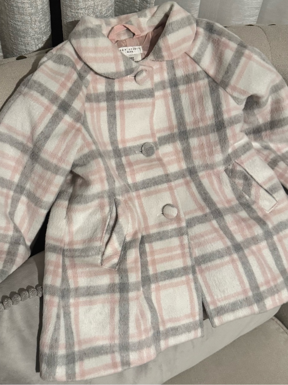 Max Studio Pink and Gray Plaid Girls Coat